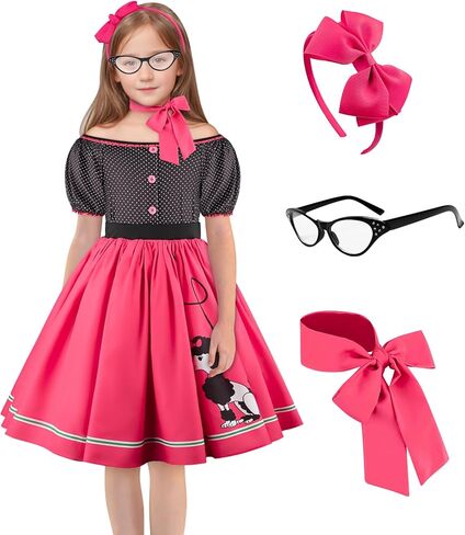 Kids 50s Poodle Skirt for Girls Sock Hop Outfits 1950s Costume with Accessories for Easter Party 3-9Y in Saudi Arabia