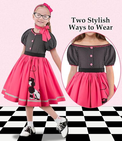 Kids 50s Poodle Skirt for Girls Sock Hop Outfits 1950s Costume with Accessories for Easter Party 3-9Y in Saudi Arabia