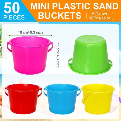 Leitee 50 Pieces Mini Plastic Sand Bucket for Kids 6.3 Inch Colored Small Beach Pail for Toddlers Summer Beach Toys Party Favors and Prize(Classic) in Saudi Arabia