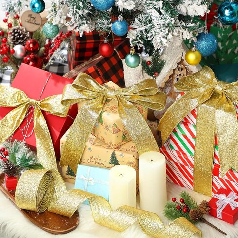 Wired Ribbon 2 Inch Two-Tone Glitter Crinkled Ribbon with Metallic Edge for Gift Wrapping Bow Making Wreaths Garland Valentine‘s Day Wedding Decorations 20 Yards (Gold) in Saudi Arabia
