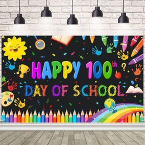 Happy 100th Day of School Party Backdrop, Happy 100th Day Photography Background Kids Students Party Supplies Kindergarten Primary Indoor Outdoor (Black) in Kuwait