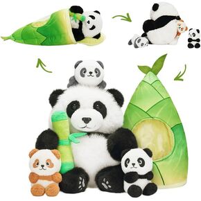 OUOZZZ Panda Stuffed Animals with 3 Babies Inside Panda Bear Plush Toys with 19" Bamboo Shoot Bag - Gift Present Toys for Girls Boys Kids Toddler