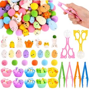 206 Pcs Easter Sensory Bin Fillers Fine Motor Skills Easter Decorations Pompoms Cups Shamrock Tweezers Scissor Clips for Easter Sorting Counting
