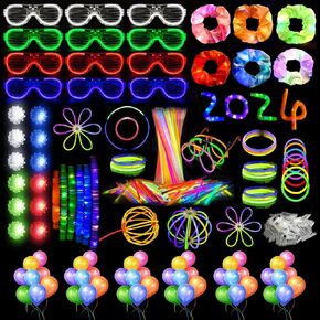 302Pcs LED Light Up Party Favors,Glow Party Supplies with 100Pcs Glow Stick, 12Pcs light up pop tubes,12Pcs Jelly Ring ,12Pcs LED glasses and 50Pcs balloons for Glow Party, Wedding,Birthdays,Concerts.