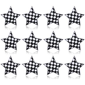 12Pcs Checkered Star Patches Iron on Embroidery Patches Black and White Classic Racing Iron on Stars Applique Patches Sew on Repair Patch for Clothes Dress Hat Jeans DIY Accessories