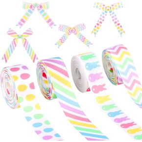 AIEX 4 Rolls of 5 Yards Easter Ribbons, Easter Pastel Ribbon, Pastel Stripe Ribbon Eggs Rabbit Patterns, Grosgrain Ribbons for Wrapping Bows Easter Decoration (4 Styles)