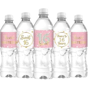 Sweet Sixteen Water Bottle Labels, Cheers to 16 Years Stickers, for Girl Happy 16th Birthday Labels Sign Pink and White - 30 Pcs
