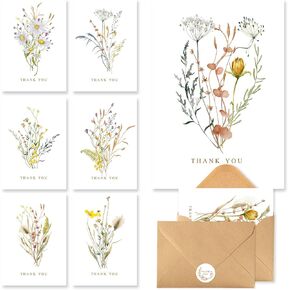 C2U Thank You Cards Bulk with Envelopes & Stickers (48 Pack) - 8 Floral Designs for Baby Showers, Weddings, Birthday & Small Business | Blank 4"x6" Cards with Premium Envelope Set