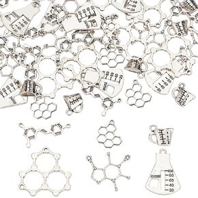 SUNNYCLUE 1 Box 60Pcs 6 Style Science Charms Chemistry Charm Caffeine Molecule Charm School Teacher Tibetan Style Alloy Charm Pendants for Jewelry Making Charms Bracelet Earrings Graduation Cap Decor