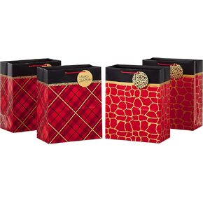 Hallmark 6" Small Holiday Gift Bags (8 Bags: Winter Foliage, Rustic Snowman, "Joy" on Red, Black and White Trees) for Gift Cards, Winter Wedding Party Favors, Teacher Presents