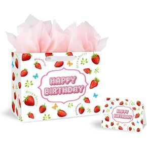 BATYONGOGA 13" Large Strawberry 1st Birthday Gift Bag with Handles, Greeting Card, and Tissue Papers White themed for Kids Birthday Party, Boys, Girl, Baby boy, Baby Shower