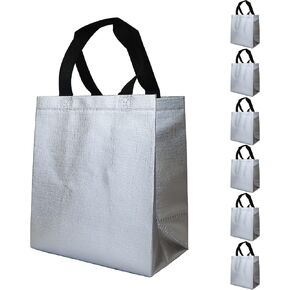 HUANN 6 Pcs Silver Gift Bags Medium Size Shine Reusable Gift Bags with Handles Metallic Glossy Non Woven Gift Bags for Wedding Christmas Party Birthday 8 x 5 x 10 Inch