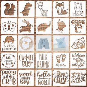 Varku 30 PCS Baby Shower Stencils PET for Onesie, Infant One-Piece Deorative Kit Lovely Cartoon, Boy Girl Baby Shirt Fabric Stencils for Clothes, Phrases Mixed Animal Patterns Templates
