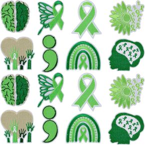 WANDIC 16 Pcs Green Ribbon Patch, Decorative Patches Iron on Transfer for T-Shirt Jean Pillow Cover DIY Decorations for Liver Cancer Mental Health Awareness