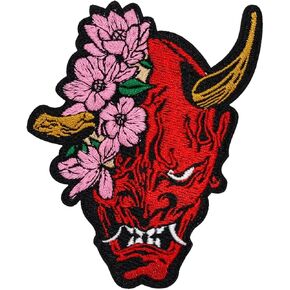 Cherry Blossoms Hannya Patch – 4 inches, Cool Colorful Japanese Patch – Embroidered Iron On/Sew On Patches