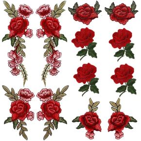 AKOAK 6 Sets 12 Pieces Red Rose Embroidered Patches Various Ornamental Design DIY Cloth Art Embroidery Decorations