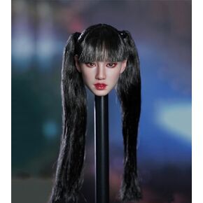 1/6 Scale Female Head Sculpt,Beauty Asian Girl Suntan Skin Planted Hair Head Sculpt Carved for 12inch PH TBL JO Action Figure Body (E)