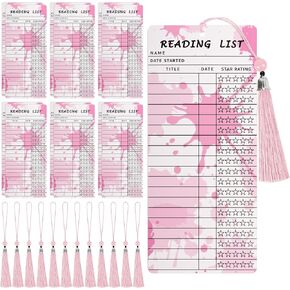 12 PCS Library Card Bookmarks, Reading List Tracker, Book Club Bookmark with 12PCS Pink Tassels, Reading Page Log Book Marker for Book Club Reader Student Teacher Back to School Accessories Supplies