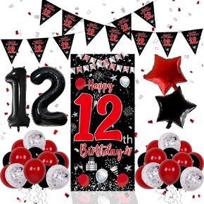 12th Birthday Decorations for Boys Girls, Red Black Happy 12th Birthday Decorations, 12 Year Old Boy Birthday Door Banner, Triangle Flag, Large Number 12 Balloons Decor Twelve Bday Party Supplies