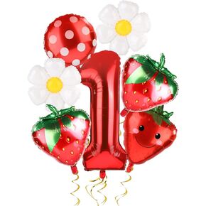 7pcs Strawberry Party Balloons Kit, Strawberry Balloon Garland Arch Sweet 1st Strawberry Party Decorations Strawberry Foil Balloons for First One Birthday Party Backdrops