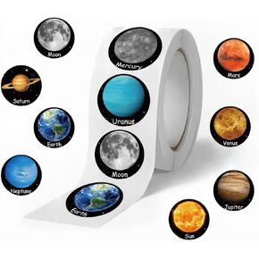 500pcs Cartoon Planet Stickers, 1 Inch Self-Adhesive Cartoon Planet Decals Cool Stickers Planet Stickers Roll for Envelope Books Laptops Bottles Crafts Supplies