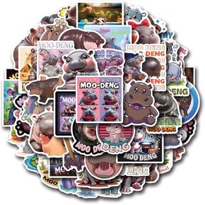 50PCS Funny Star Hippo Moo Deng Stickers, Moo Deng The Hippo Vinyl Stickers for Water Bottle Laptop Skateboard Luggage Cars Bumper Kids, Trendy Cute Stickers for Kids Teens Adults (Black)