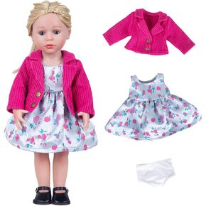 Doll Clothes Accessories 3 Pcs Set, Pink Knitted Jacket Coat & Flower Skirt Dress & White Underwear, Fashionable Dress Set for 18" Girl Dolls (Doll & Shoes Not Included)
