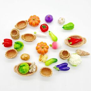 28Pcs Miniature Vegetable Figurines, Miniatures Kitchen Food, Fake Mini Vegetables, Resin Vegetables Model, Miniature Baskets Fake Vegetables Decor Set for Mini House Store Decoration Photo Props