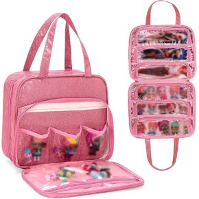 LoDrid Doll Tote Carrying Case Compatible with LOL Surprise Dolls All, Hanging Organizer Storage Bag with 6 Clear Window Pockets for Girls, Bag Only, Pink,(Patent Design)
