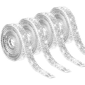 4 Rolls 1 Yard Self Adhesive Rhinestone Ribbons, Sliver Rhinestone Strips Diamond Bling Rhinestone Ribbon Roll with 2 mm Rhinestones for DIY Crafts Fabric Phone Car Decorations