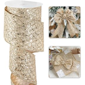 Champagne Christmas Ribbon 4" Glitter Mesh Wired Ribbon for Christmas Tree Champagne Gold Diamond Honeycomb Ribbon for Gift Wrapping, Crafts, Wreath, Garland, Tree Topper Bows - 10 Yards