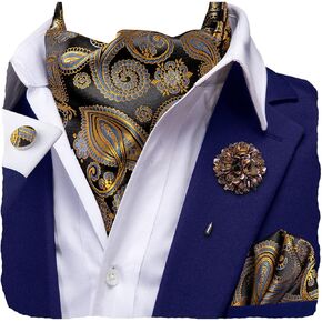 Hi-Tie Men's Cravat And Flower Lapel Pin Set Jacquard Silk Ascot Handkerchief Cufflinks For Wedding Party Daily Dress