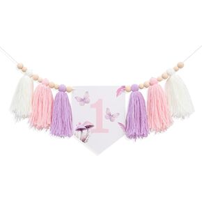 Fairy Mushroom High Chair Banner- Fairy Princess 1st Birthday Party Decorations, Fairy Butterfly Pink And Purple Tassel, Fairy Butterfly Cake Smash Garland, Mushroom Theme Party Supplies