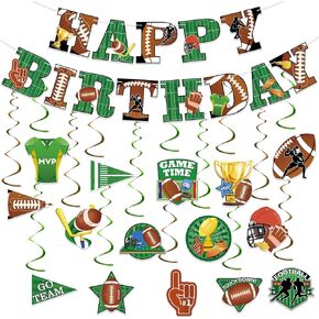 Hooqict Football Birthday Party Decorations Football Happy Birthday Banner with 15 Pcs Football Hanging Swirls Decorations Football Party Banner Garland Themed Birthday Party Supplies