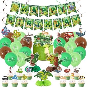 Snake Birthday Party Decorations - Snake Party Supplies including Happy Birthday Banner, Spirals, Cake Toppers, Table Centerpieces, Balloons (Banner)