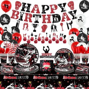 KEFAN Boxing Party decorations, Boxing birthday Party Supplies Packs, Fight Sports Wrestling Party Supplies including HAPPY BIRTHDAY Banner, Plates, Balloons, Boxing Party Set Serves 20 (Banner)