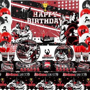 KEFAN Boxing Party decorations, Boxing birthday Party Supplies Packs, Fight Sports Wrestling Party Supplies including HAPPY BIRTHDAY Banner, Plates, Balloons, Boxing Party Set Serves 20 (Banner)