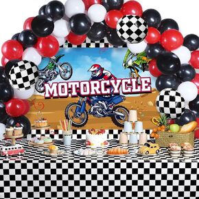 Capoda 72 Pieces Motorcycle Truck Party Decorations Dirt Bike Motocross Backdrop Tablecloth with Balloons Extreme Truck Theme Decor Set for Boy Girl Birthday Party Supplies
