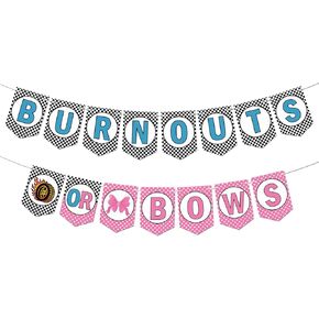 Burnouts or Bows Banner, Black Car Wheel Pink Polka Dots Bow Boy or Girl Baby Shower Gender Reveal Party Decorations,Blue and Pink He or She Gender Reveal Gender Reveal Party Supplies