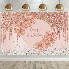 Happy Birthday Backdrop for Girls Women Rose Gold Glitter Diamonds Flower Balloon Sweet 16th 18th Birthday Party Banner Decorations Supplies