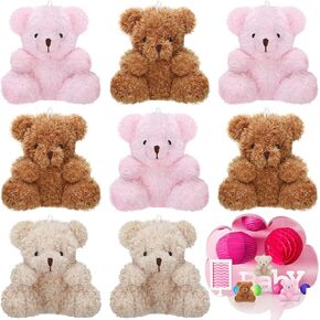 Threan 8 Pcs Mini Plush Bears 4'' Small Bear Bulk Stuffed Animal Toys Tiny Soft Bear Doll Present Stuffers for Keychain Baby Shower Party Favors Supplies(Pink, Purple, Brown, Apricot)