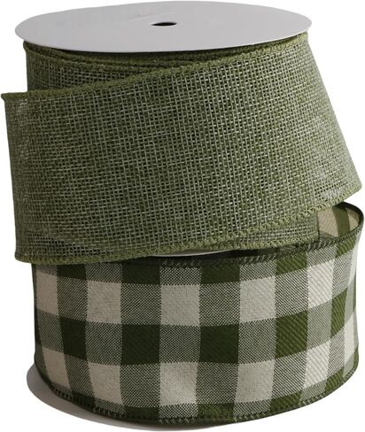 Buffalo Plaid Burlap Wired Ribbon ، Tartan Check ، Style Farmhouse ، لتغليف الهدايا ، عيد الميلاد ، زينة الزفاف (Sage Green/Solid/Check ، 2.5 بوصة) in Kuwait