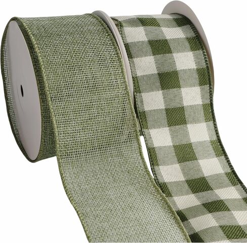 Buffalo Plaid Burlap Wired Ribbon ، Tartan Check ، Style Farmhouse ، لتغليف الهدايا ، عيد الميلاد ، زينة الزفاف (Sage Green/Solid/Check ، 2.5 بوصة) in Kuwait