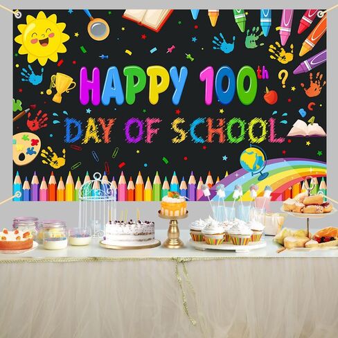 Happy 100th Day of School Party Backdrop, Happy 100th Day Photography Background Kids Students Party Supplies Kindergarten Primary Indoor Outdoor (Black) in Kuwait