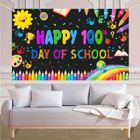 Happy 100th Day of School Party Backdrop, Happy 100th Day Photography Background Kids Students Party Supplies Kindergarten Primary Indoor Outdoor (Black) in Kuwait