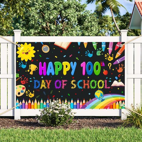 Happy 100th Day of School Party Backdrop, Happy 100th Day Photography Background Kids Students Party Supplies Kindergarten Primary Indoor Outdoor (Black) in Kuwait