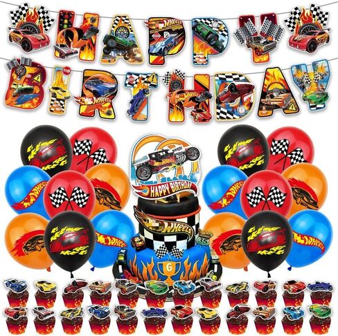 YARUBA Race Car Birthday Decorations, Wheels Party Supplies Including Birthday Banner, Hanging Swirls, Balloons, Cake Toppers for Boys in Saudi Arabia