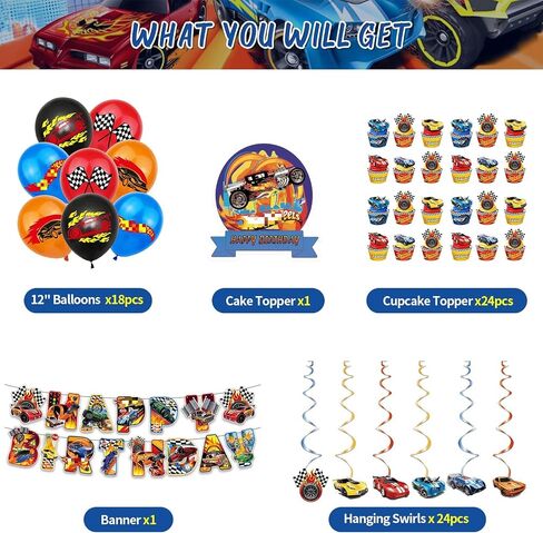 YARUBA Race Car Birthday Decorations, Wheels Party Supplies Including Birthday Banner, Hanging Swirls, Balloons, Cake Toppers for Boys in Saudi Arabia