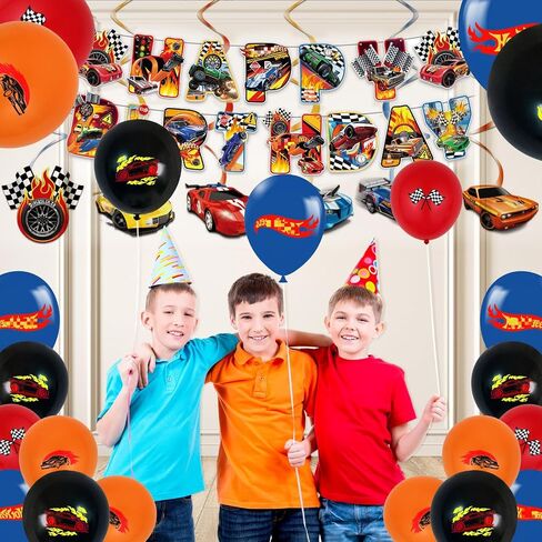 YARUBA Race Car Birthday Decorations, Wheels Party Supplies Including Birthday Banner, Hanging Swirls, Balloons, Cake Toppers for Boys in Saudi Arabia