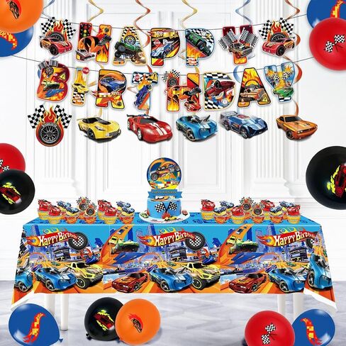 YARUBA Race Car Birthday Decorations, Wheels Party Supplies Including Birthday Banner, Hanging Swirls, Balloons, Cake Toppers for Boys in Saudi Arabia